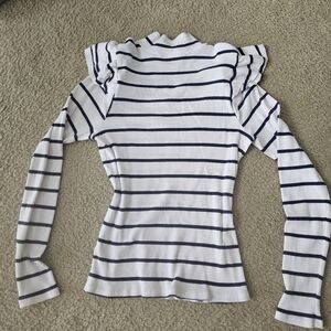 t.la White And Navy Striped Ruffle Shoulder Long Sleeve  Top